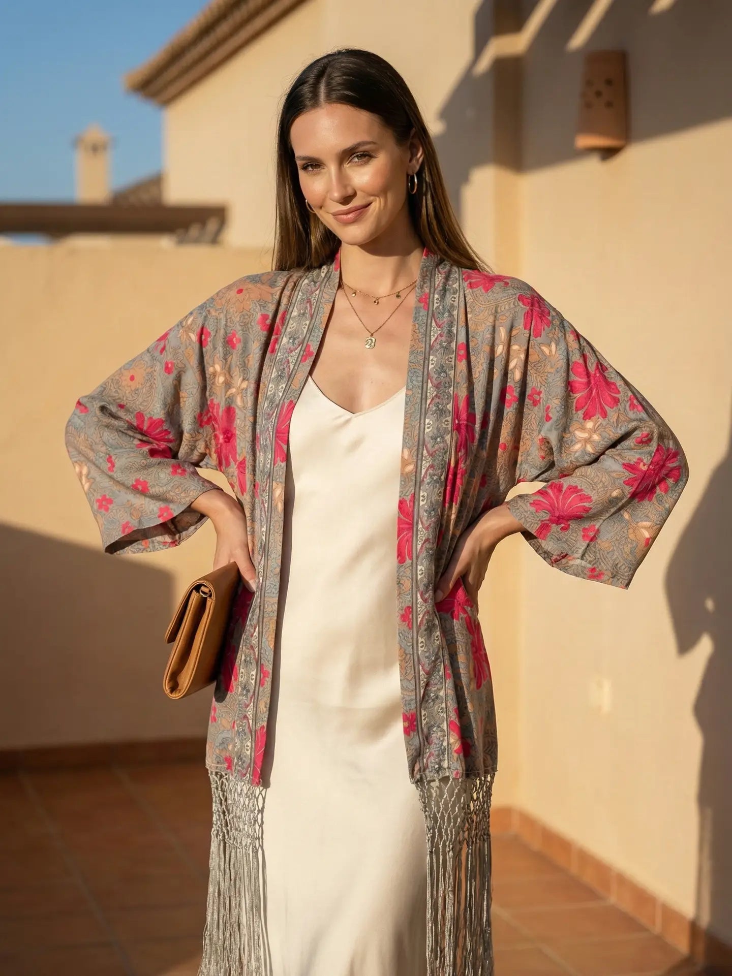 Short fringe kimono
